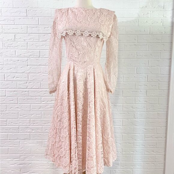 VINTAGE Gunne Sax Pink Lace Bib 80’s Dress Size 7 - Picture 1 of 9